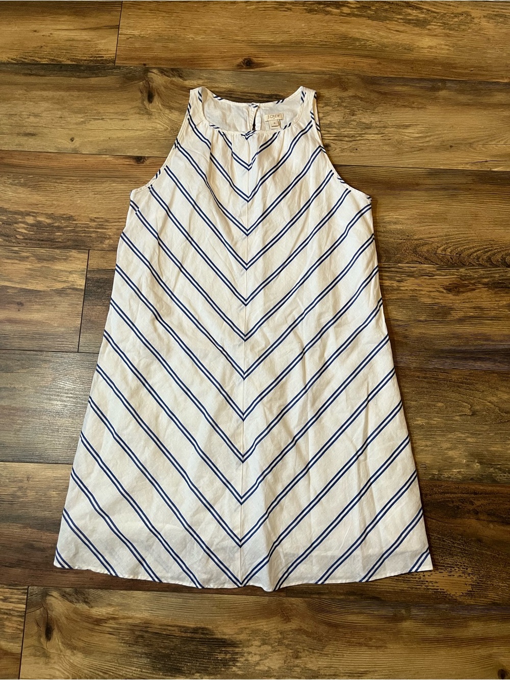 J.Crew Linen Cotton Shift Dress Womens 6 White Blue Stripe Sleeveless Lined